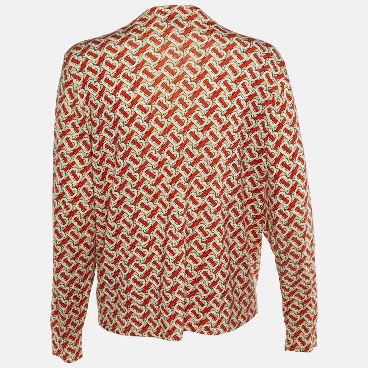 Pre Owned Burberry Cream & Red Monogram Printed Wool Cardigan XL