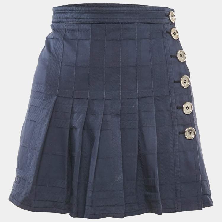 Pre Owned Burberry London Navy Blue Jacquard Pleated Mini Wrap Skirt M