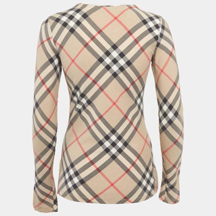 Pre Owned Burberry London Beige Tartan Check Print Cotton Long Sleeve Top S