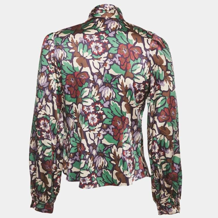 Pre Owned Burberry London Multicolor Printed Satin Silk Tie-Up Neck Detail Blouse S