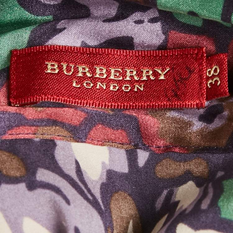 Pre Owned Burberry London Multicolor Printed Satin Silk Tie-Up Neck Detail Blouse S