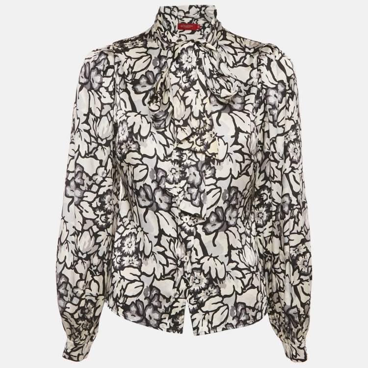 Pre Owned Burberry White/Black Floral Print Satin Silk Tie-Up Neck Detail Blouse S
