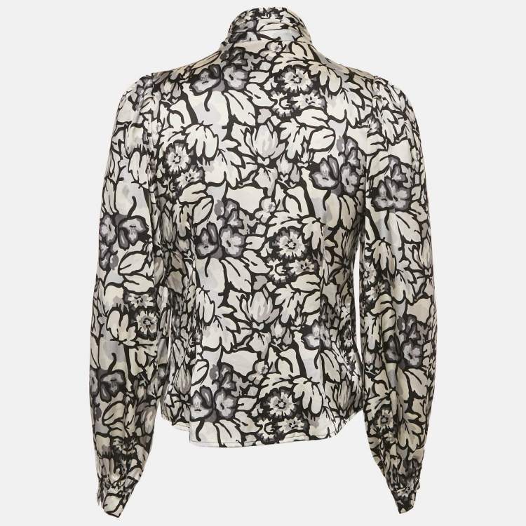 Pre Owned Burberry White/Black Floral Print Satin Silk Tie-Up Neck Detail Blouse S