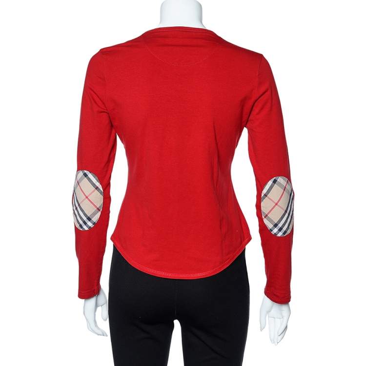 Pre Owned Burberry London Red Cotton Knit Elbow Patch Detail Long Sleeve T-Shirt M