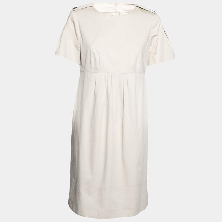 Pre Owned Burberry London Beige Cotton Pleated Front Crew Neck Flared Dress M