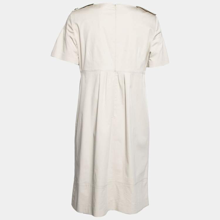 Pre Owned Burberry London Beige Cotton Pleated Front Crew Neck Flared Dress M