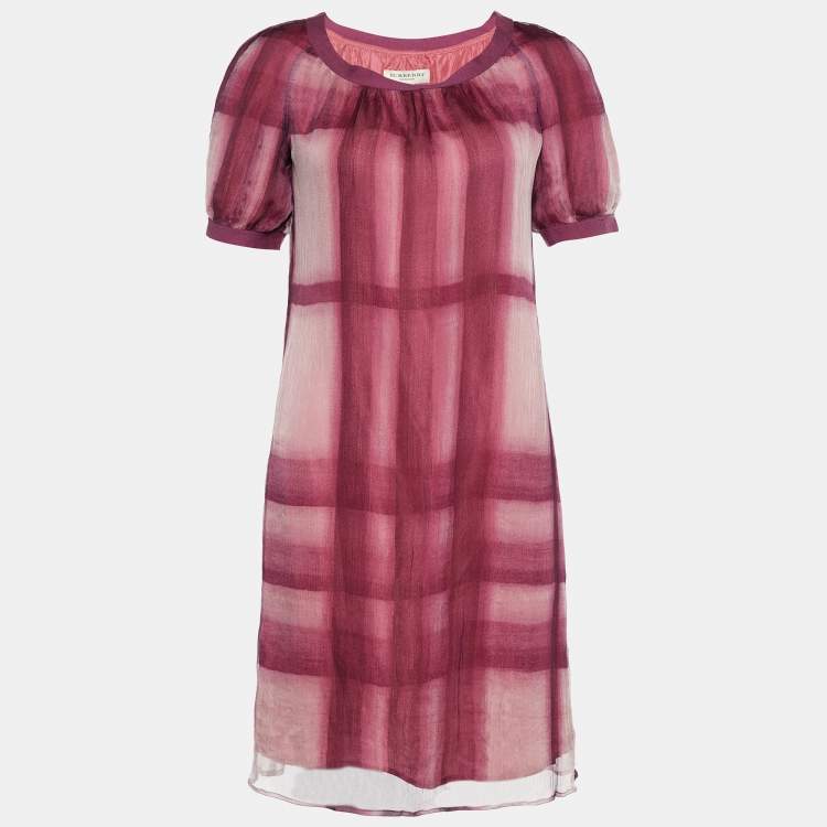 Pre Owned Burberry Pink Ombre Check Print Silk Shift Dress XS