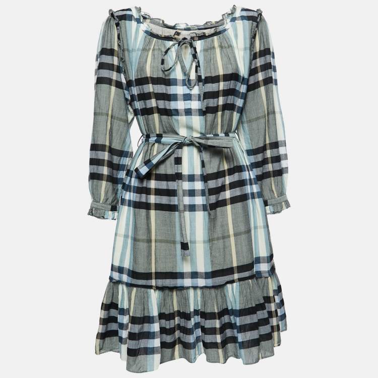 Pre Owned Burberry Green Checked Cotton Ruffle Detailed Short dress M