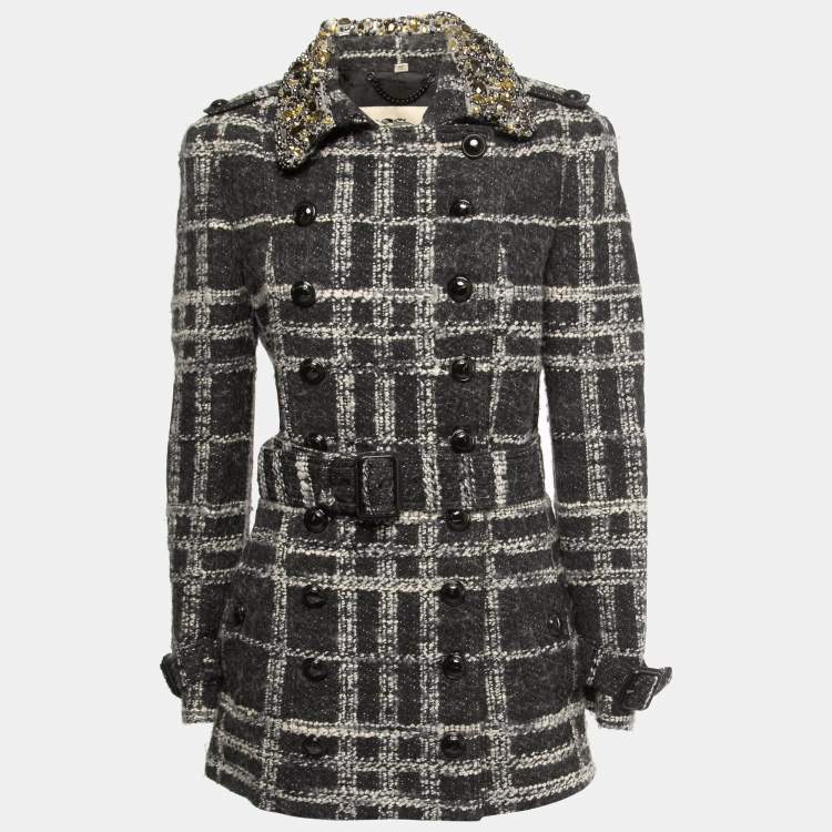 Pre Owned Burberry London Black/Grey Checked Wool Embellished Collar Coat M