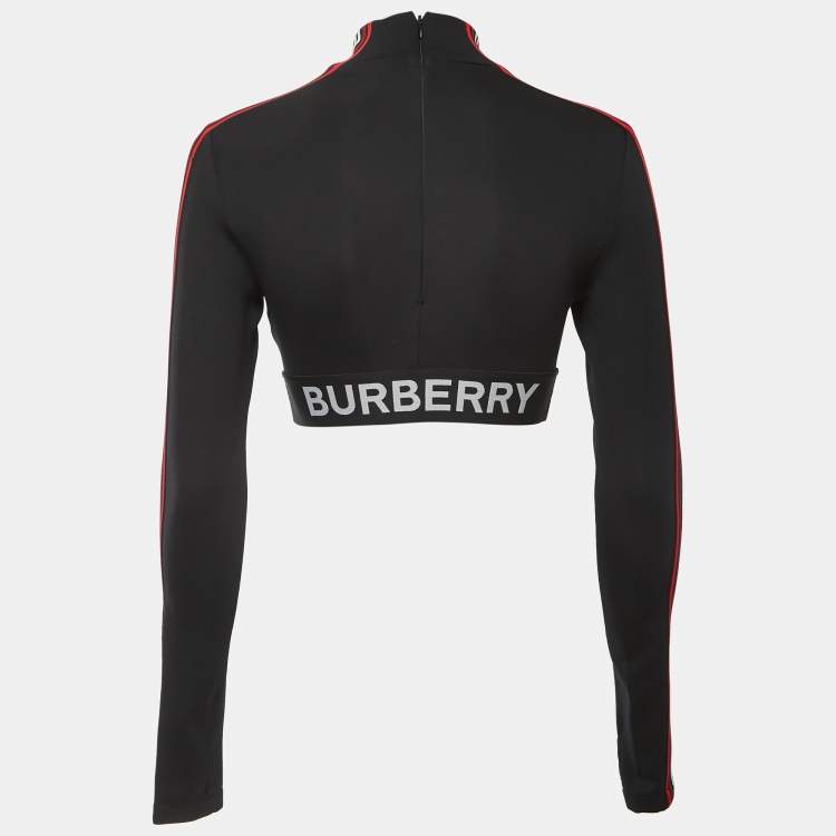 Pre Owned Burberry Black Stretch Knit Logo Patch High Neck Long Sleeve Crop Top S