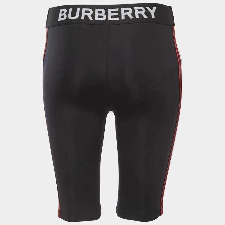 Pre Owned Burberry Black Stretch Knit Logo Detailed Waist Side Stripe Cycling Shorts XS