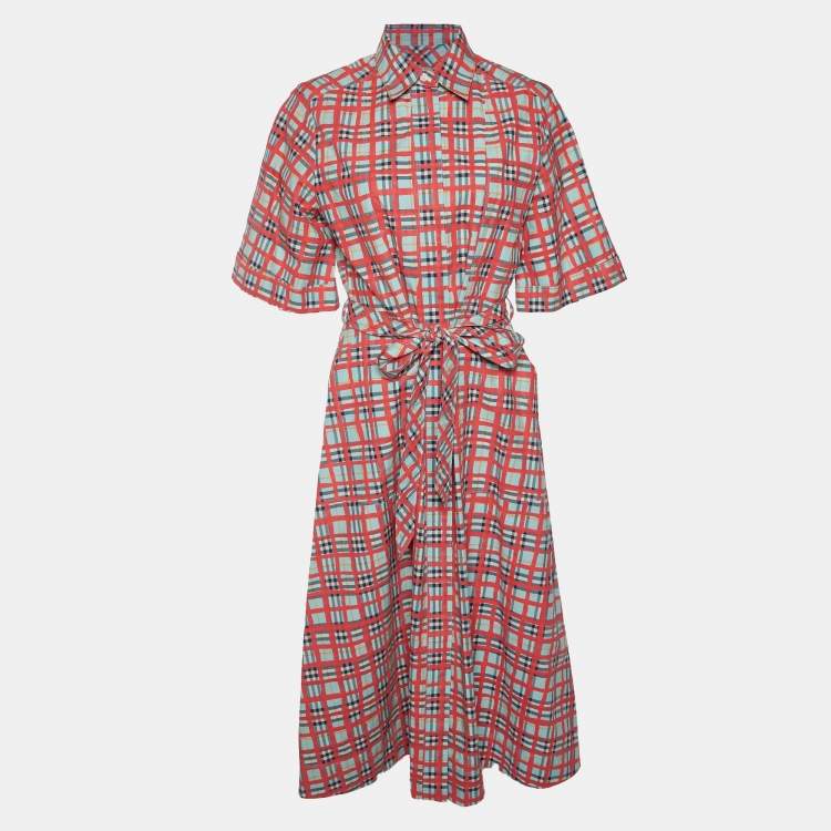 Burberry London Multicolor Plaid Painted Cotton Belted Shirt Dress