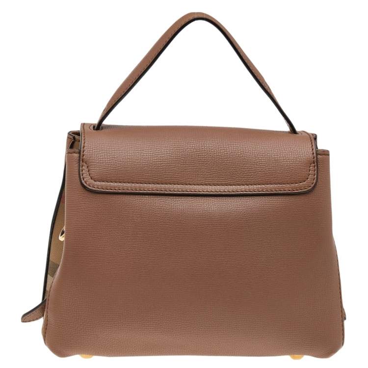 Pre Owned Burberry Brown Leather And House Check Fabric Medium Camberley Top Handle Bag