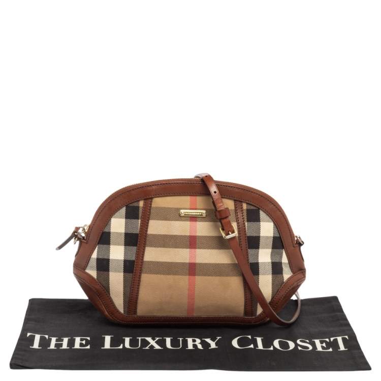Pre Owned Burberry Beige Housecheck Canvas And Leather Orchard Crossbody Bag