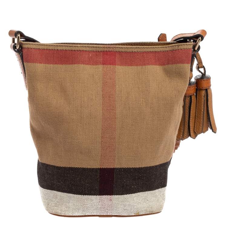 Pre Owned Burberry Brown House Check Canvas and Leather Small Ashby Bucket Bag