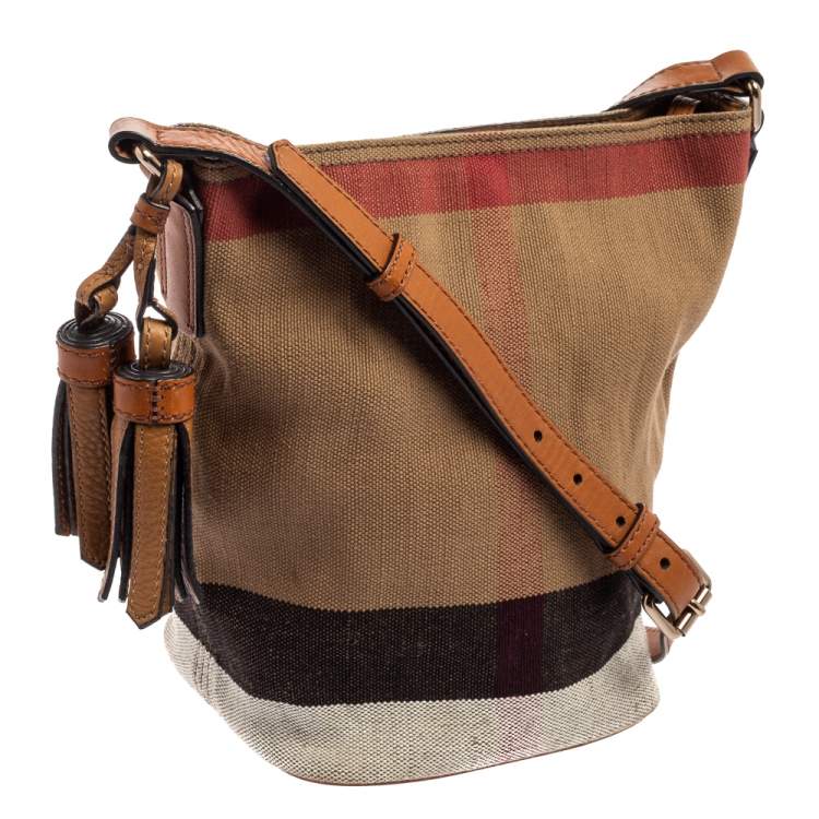 Pre Owned Burberry Brown House Check Canvas and Leather Small Ashby Bucket Bag