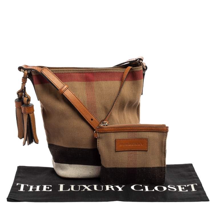 Pre Owned Burberry Brown House Check Canvas and Leather Small Ashby Bucket Bag