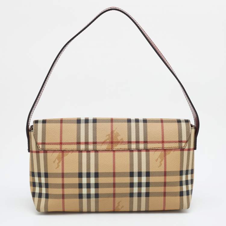 Pre Owned Burberry Beige/Rust Red Haymarket Check PVC And Leather Shoulder Bag