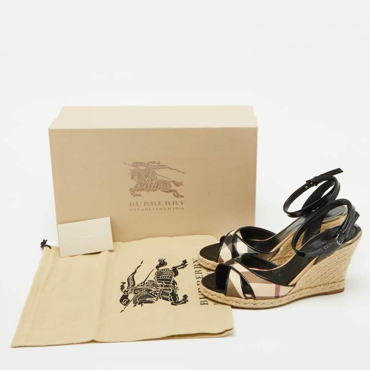 Pre Owned Burberry Beige/Black Nova Check PVC and Patent Leather Espadrille Wedge Sandals Size 38