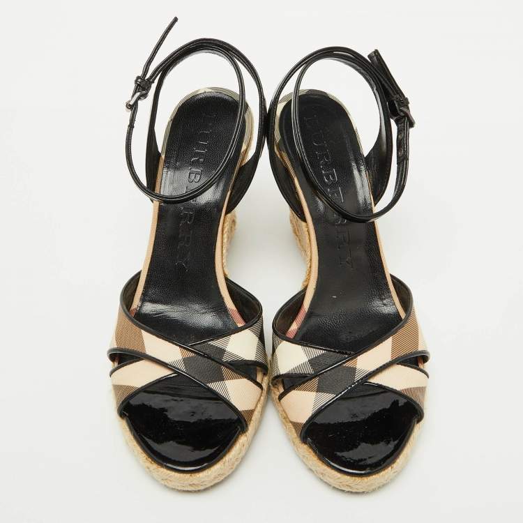 Pre Owned Burberry Beige/Black Nova Check PVC and Patent Leather Espadrille Wedge Sandals Size 38