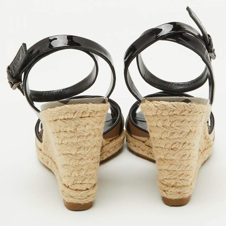 Pre Owned Burberry Beige/Black Nova Check PVC and Patent Leather Espadrille Wedge Sandals Size 38