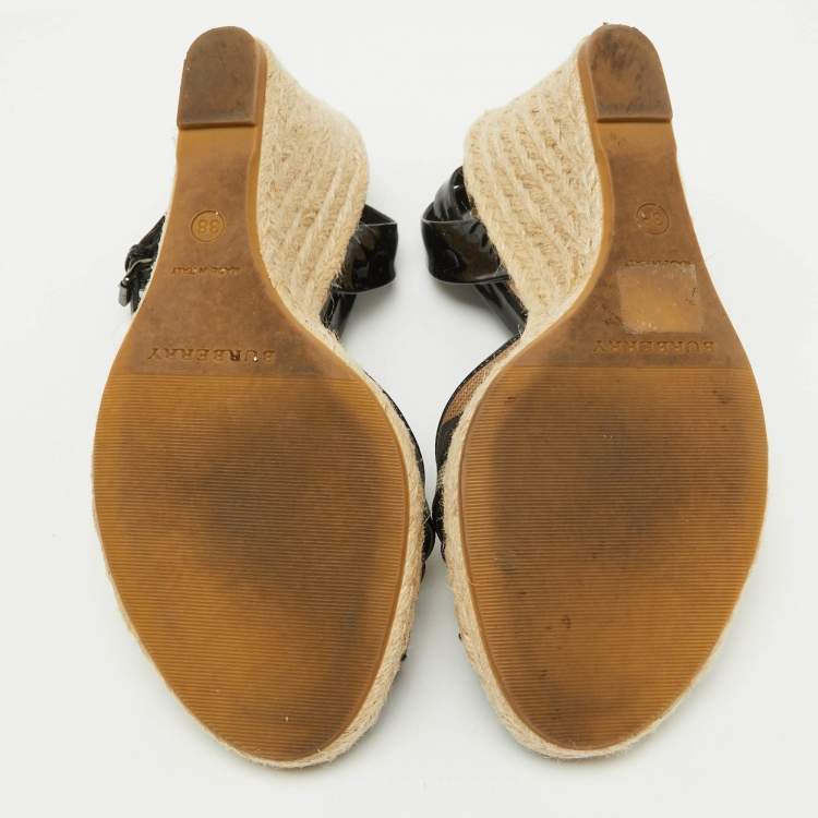 Pre Owned Burberry Beige/Black Nova Check PVC and Patent Leather Espadrille Wedge Sandals Size 38