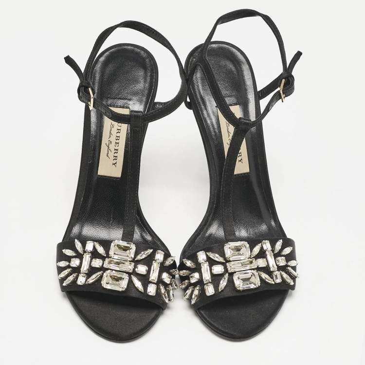 Pre Owned Burberry London Black Satin Pertfield Ankle Strap Sandals Size 38.5