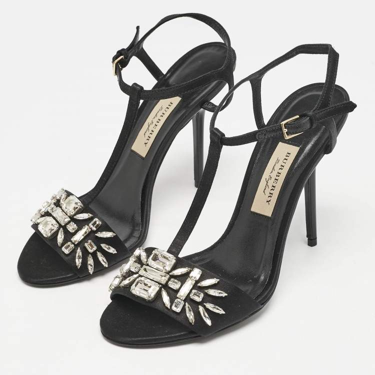 Pre Owned Burberry London Black Satin Pertfield Ankle Strap Sandals Size 38.5