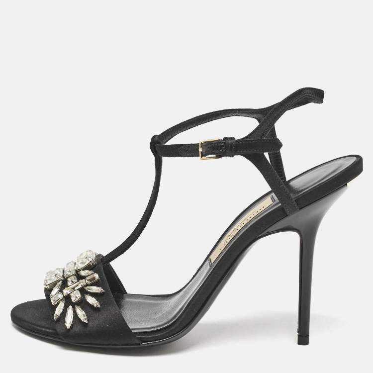 Pre Owned Burberry London Black Satin Pertfield Ankle Strap Sandals Size 38.5