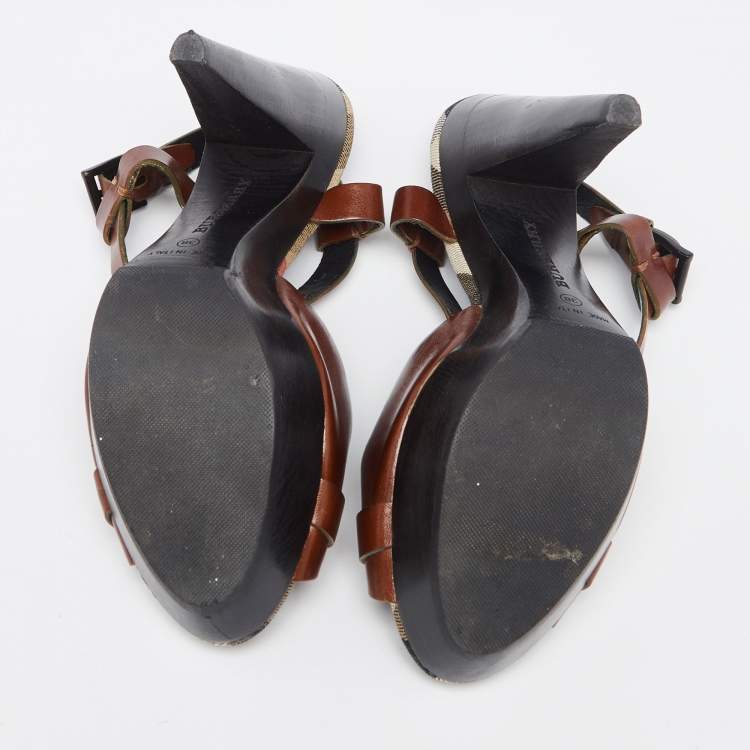 مملوكة مسبقًا Burberry Brown/Beige Leather Hans T Strap Platform Sandals Size 38
