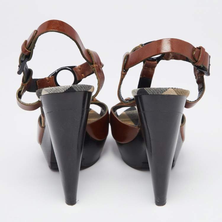 مملوكة مسبقًا Burberry Brown/Beige Leather Hans T Strap Platform Sandals Size 38
