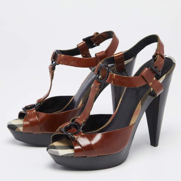 مملوكة مسبقًا Burberry Brown/Beige Leather Hans T Strap Platform Sandals Size 38
