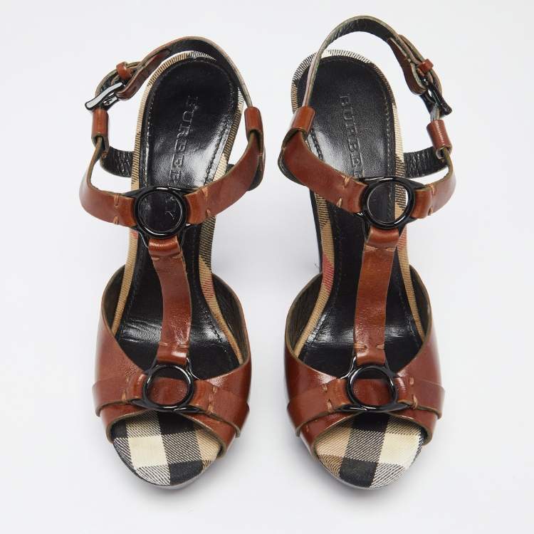 مملوكة مسبقًا Burberry Brown/Beige Leather Hans T Strap Platform Sandals Size 38