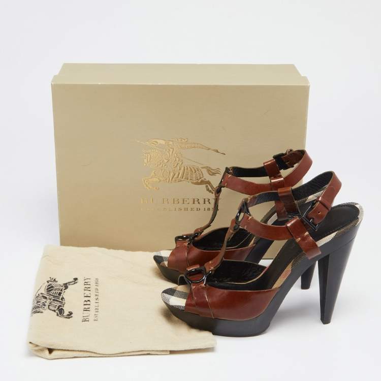 مملوكة مسبقًا Burberry Brown/Beige Leather Hans T Strap Platform Sandals Size 38