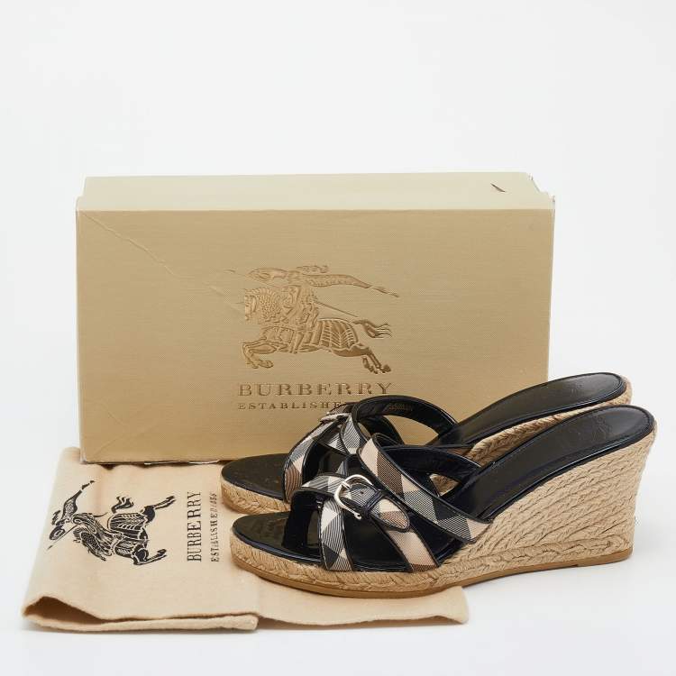 Pre Owned Burberry Black Patent Leather and Nova Check Canvas Espadrille Wedge Sandals Size 40