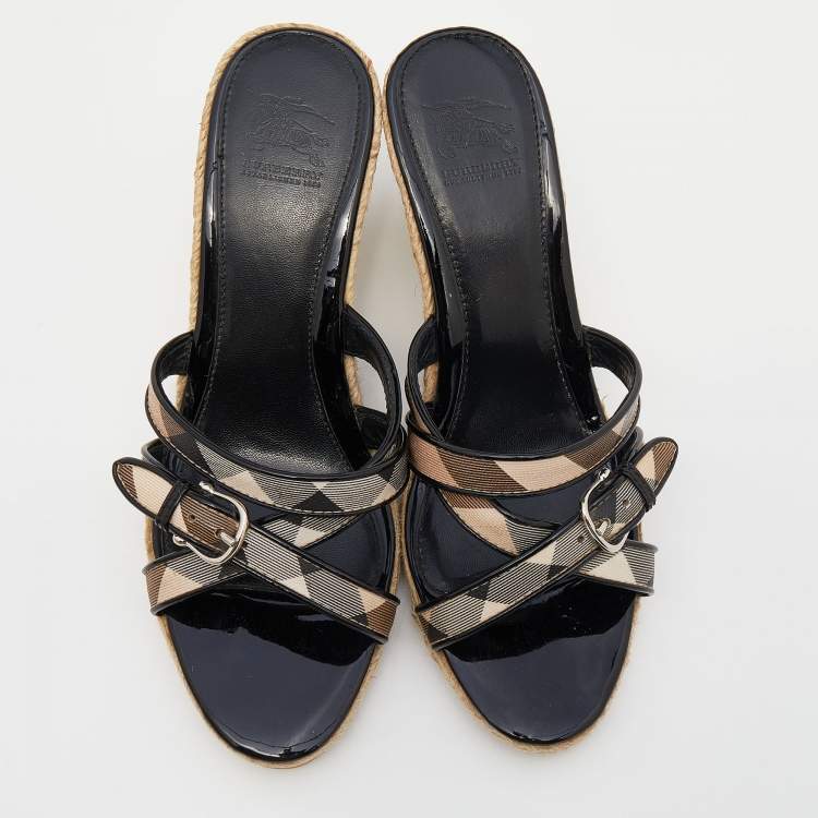 Pre Owned Burberry Black Patent Leather and Nova Check Canvas Espadrille Wedge Sandals Size 40
