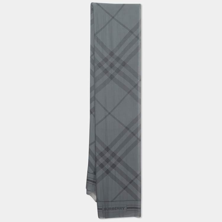 Pre Owned Burberry Grey Giant Check Jacquard Chiffon Scarf 