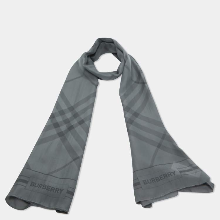 Pre Owned Burberry Grey Giant Check Jacquard Chiffon Scarf 