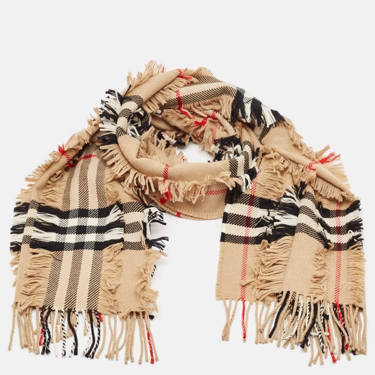 Pre Owned Burberry Beige Giant Check Cashmere Fil Coupe Scarf