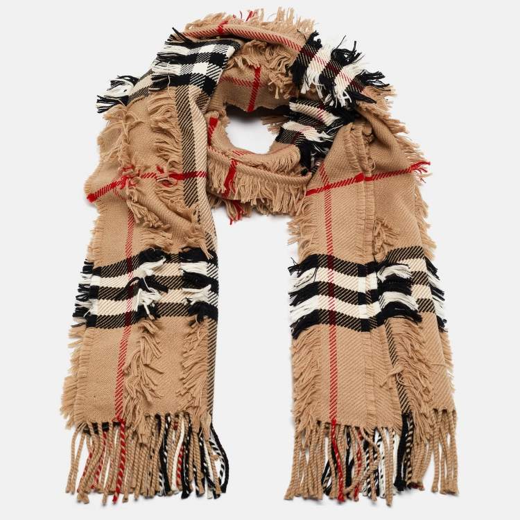 Pre Owned Burberry Beige Giant Check Cashmere Fil Coupe Scarf