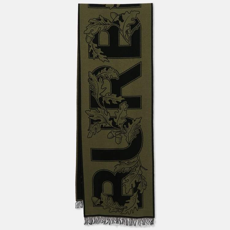 Pre Owned Burberry Fern Green Logo Oak Leaf Wool Football Scarf