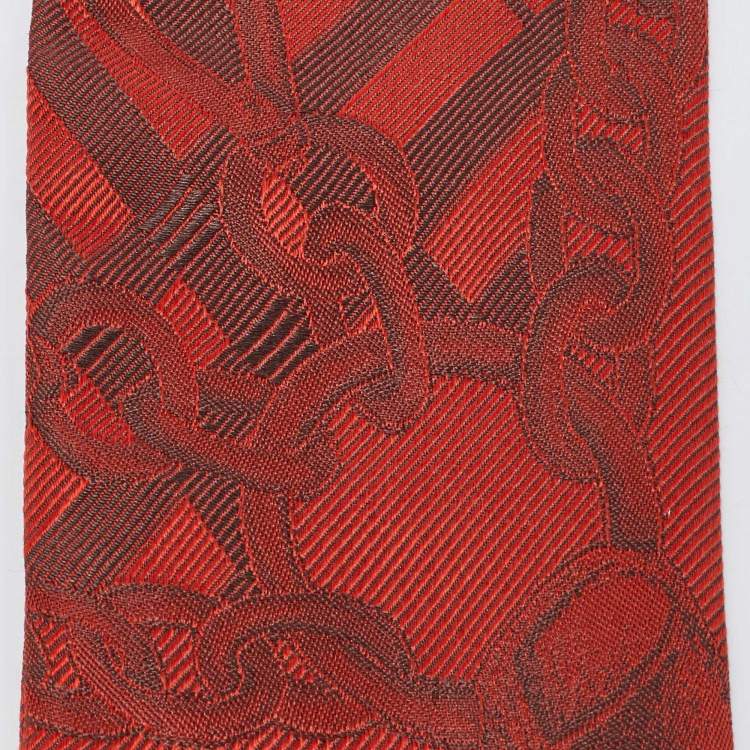 Pre Owned Burberry Red D-Ring Detail Chain Silk Jacquard Ribbon Scarf