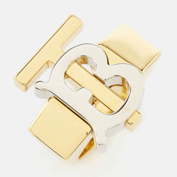 Pre Owned Burberry TB Logo Two Tone Ring Size 52