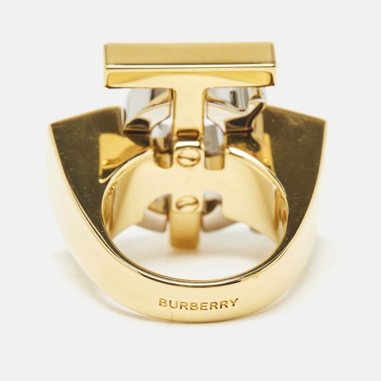 Pre Owned Burberry TB Logo Two Tone Ring Size 52
