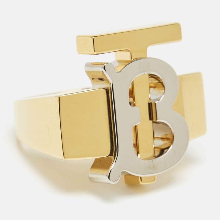 Pre Owned Burberry TB Logo Two Tone Ring Size 52