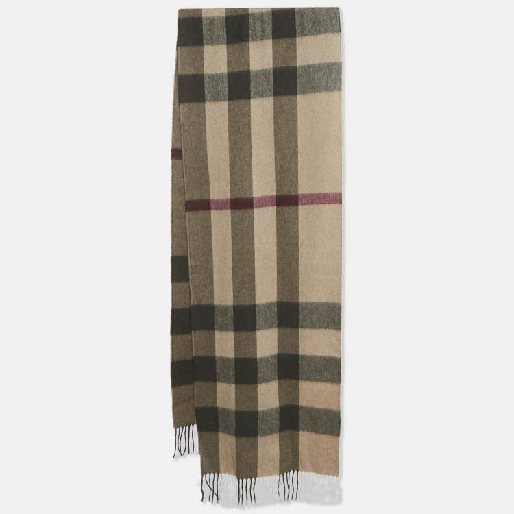 Pre Owned Burberry Smocked Brown Half Mega Check Cashmere Scarf
