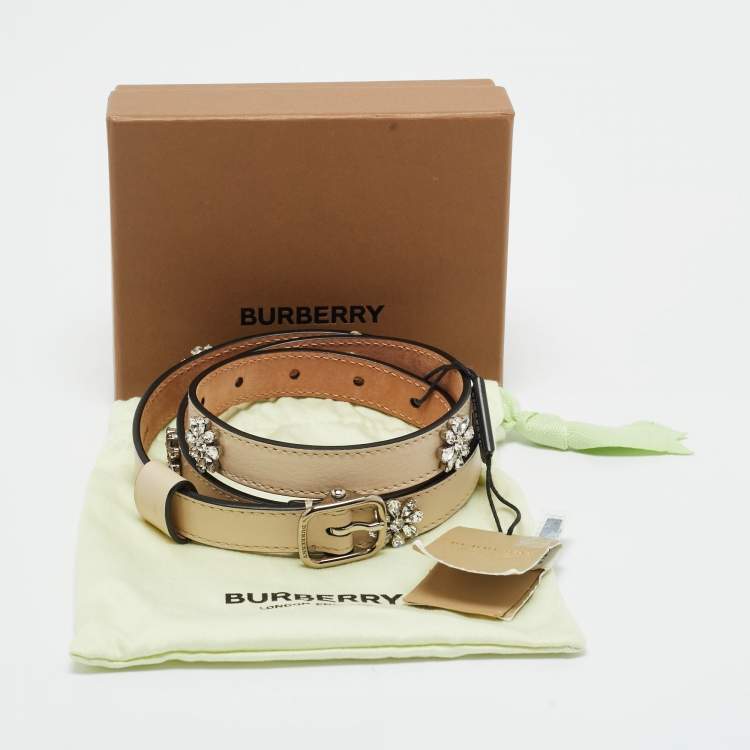 Pre Owned Burberry Ivory Leather Dover Crystals Slim Buckle Belt 85CM