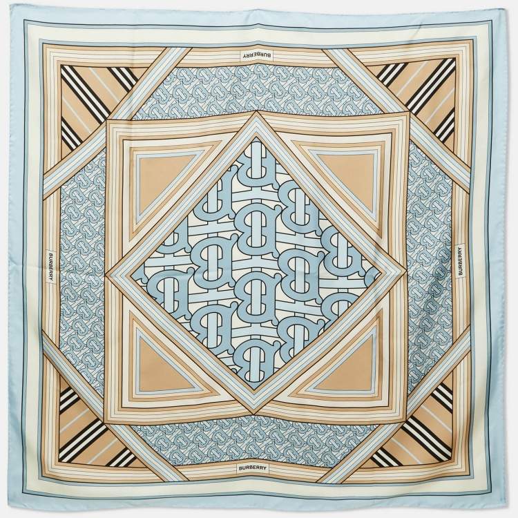Pre Owned Burberry Pale Blue Montage Print Silk Square Scarf