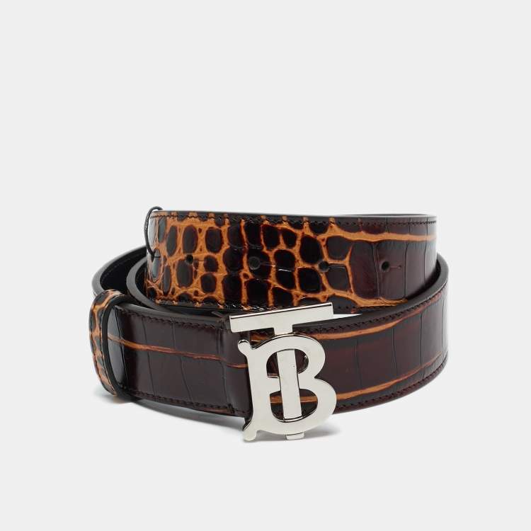 Pre Owned Burberry Brown Croc Embossed Leather TB Buckle Belt 80CM