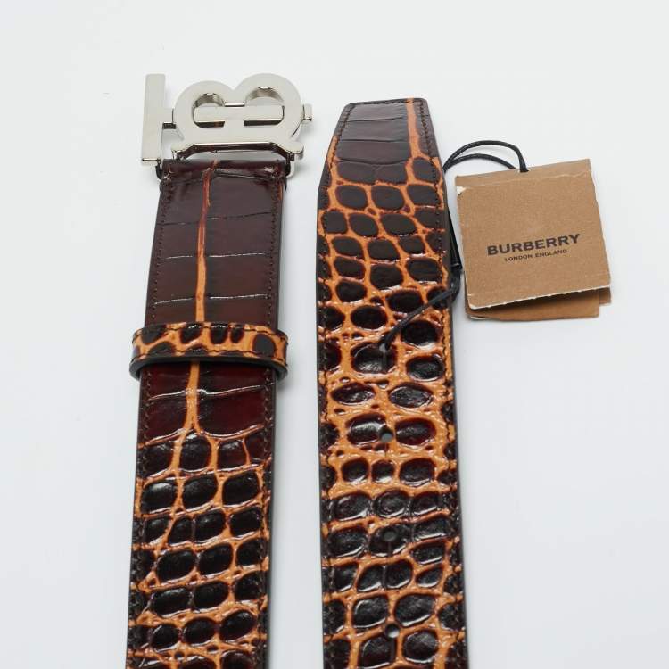Pre Owned Burberry Brown Croc Embossed Leather TB Buckle Belt 80CM